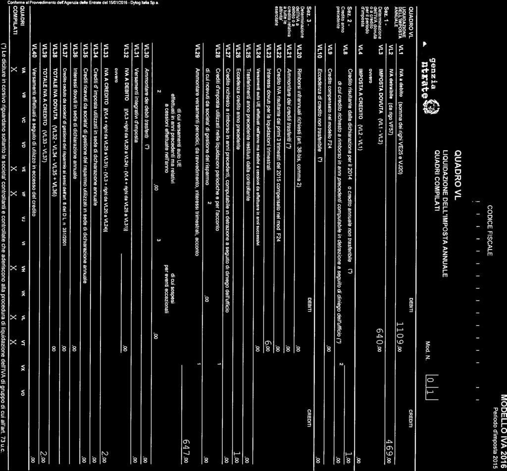 , VL4O DEBITI VL37) E QUADRO VL I I I I I I MODELLO IVA 01 Perodo d mposta 015 rg4orlzdì LIQUIDAZIONE DELLIMPOSTA ANNUALE QUADRI COMPILATI ModN.
