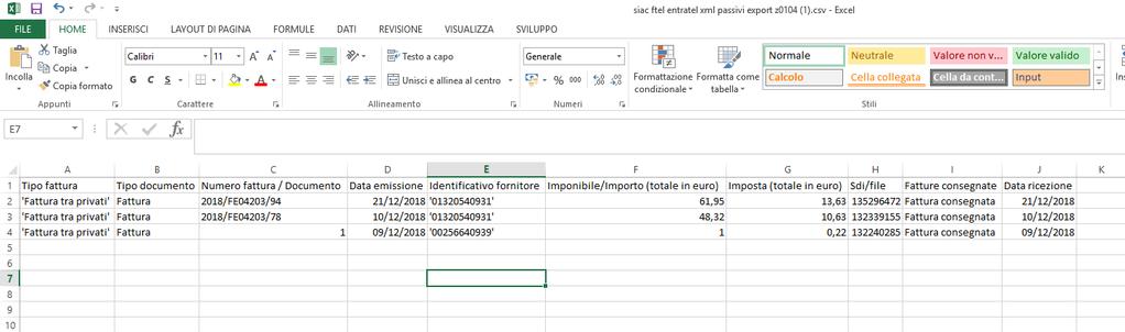 File csv aperto tramite Excel Con Excel potete aprire a stampare l elenco delle xml