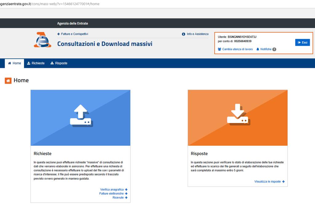 Pagina Consultazione e Download massivi E organizzato con Richieste da preparare e inviare e con Risposte che