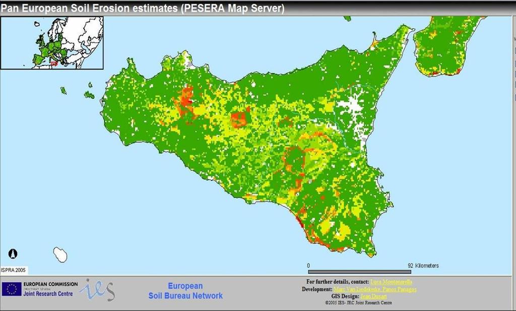 Fonte: Pan-European Soil Erosion Risk Assessment PESERA: The PESERA Map, version 1 October 23 Attualmente nell Isola circa il 1% della superficie totale (circa 25.