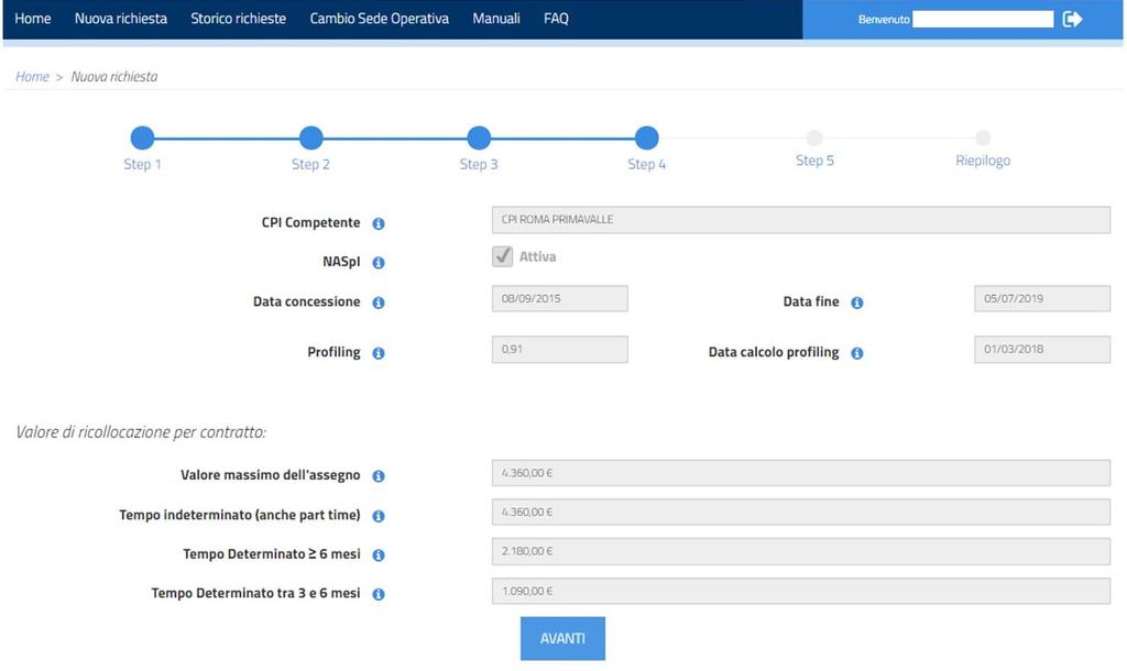 STEP 4 IL SISTEMA RESTITUISCE ALCUNE INFORMAZIONI A questo punto della compilazione della richiesta, il Sistema evidenzia: il CPI competente al rilascio; i dati NASpI della persona (che arrivano da