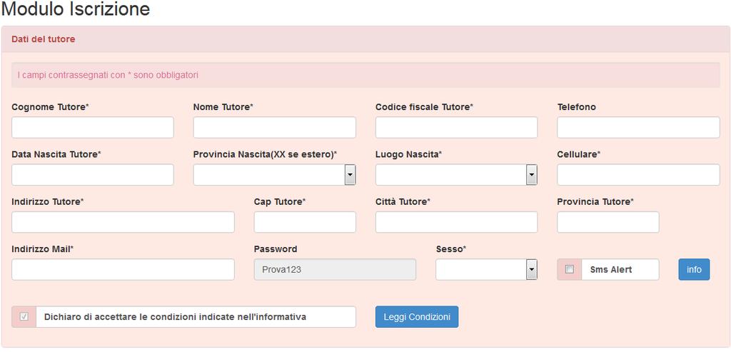 NOTA BENE: I campi contrassegnati con * sono obbligatori Il campo mail è obbligatorio: nel caso in cui non se ne possegga una si potrà inserire nel campo una X.