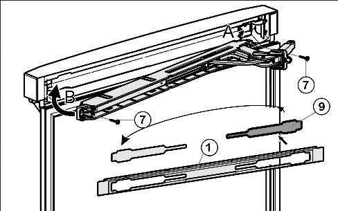 Avviamento u Agganciare l'unità dell'ammortizzatore di chiusura con lo snodo rivolto verso il lato cerniera (A) e orientare verso l'interno (B).