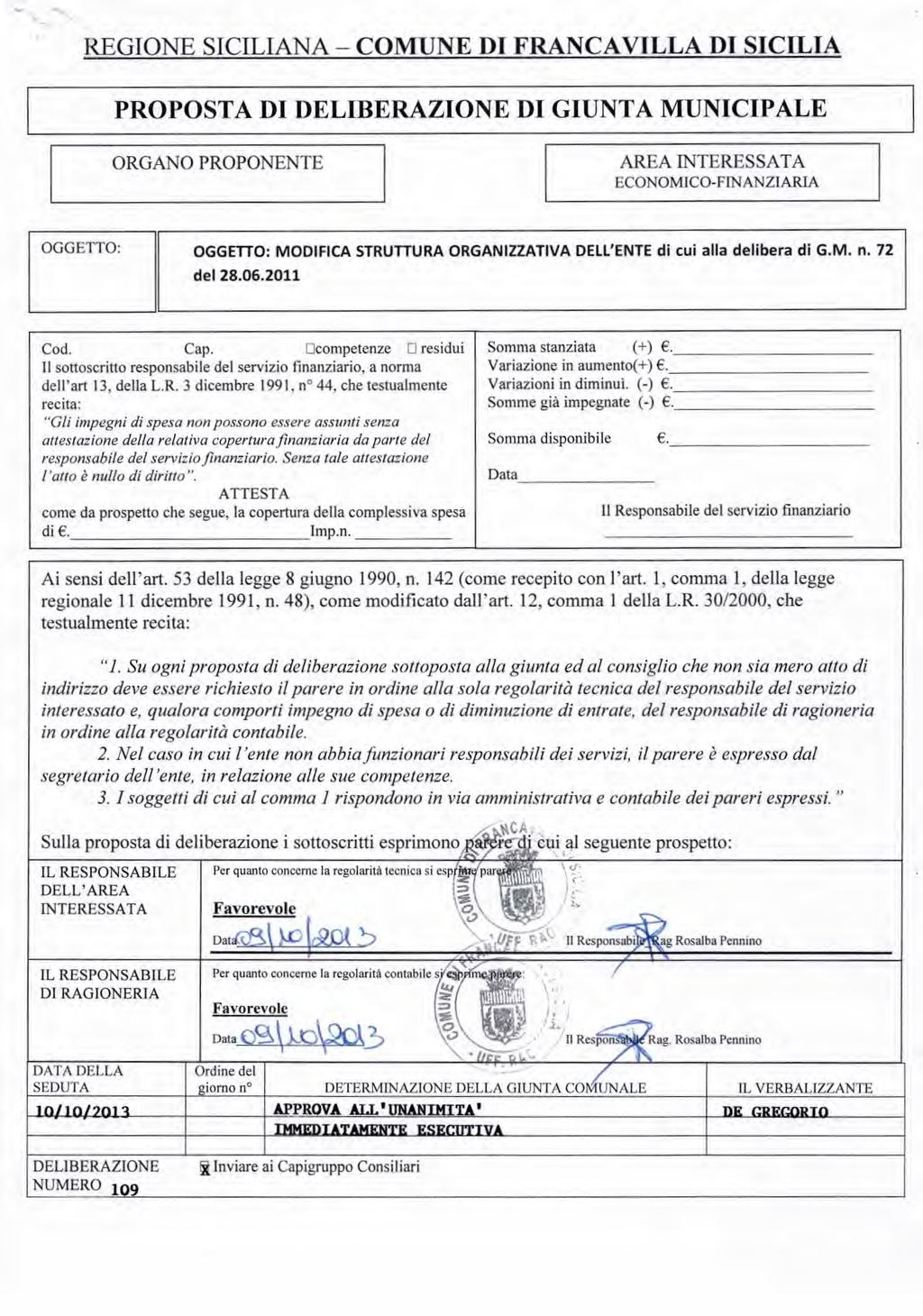 REGIONE SICILIANA - COMUNE DI FRANCAVI LLA 1)1 SICILIA PROPOSTA DI DELIBERAZIONE DI GIUNTA MUNICIPALE ORGANO PROPONENTE AREA INTERESSATA ECONOMICO-FINANZIARIA OGGETTO: OGGETTO: MODIFICA STRUTTURA