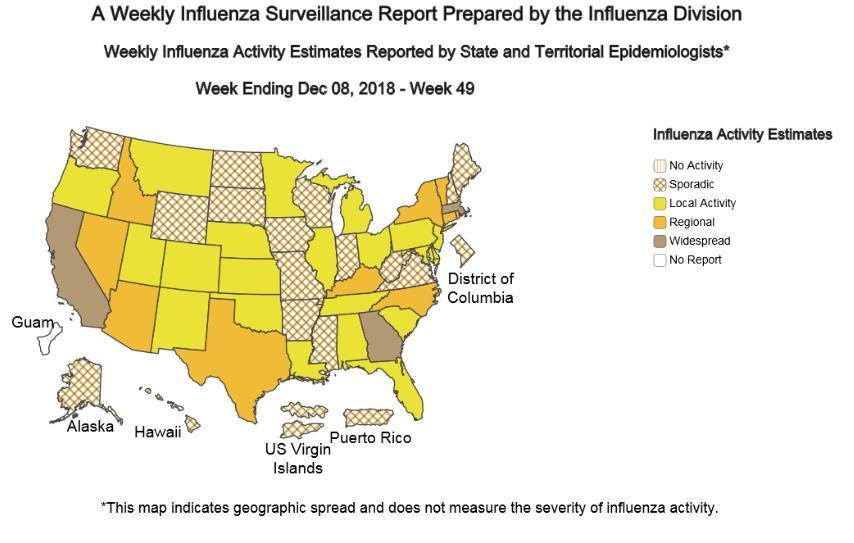 USA In tutti gli Stati Uniti, la circolazione dei virus influenzali continua ad aumentare, come evidenziato nella mappa sottostante, aggiornata all 8 dicembre 2018.