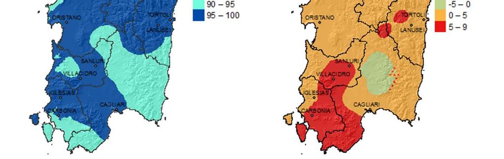 Umidità relativa L umidità relativa minima risulta in prevalenza tra 50 e 60%. Su gran parte dell Isola si tratta di valori superiori alla mediana 1995-2014 (Figura 5).