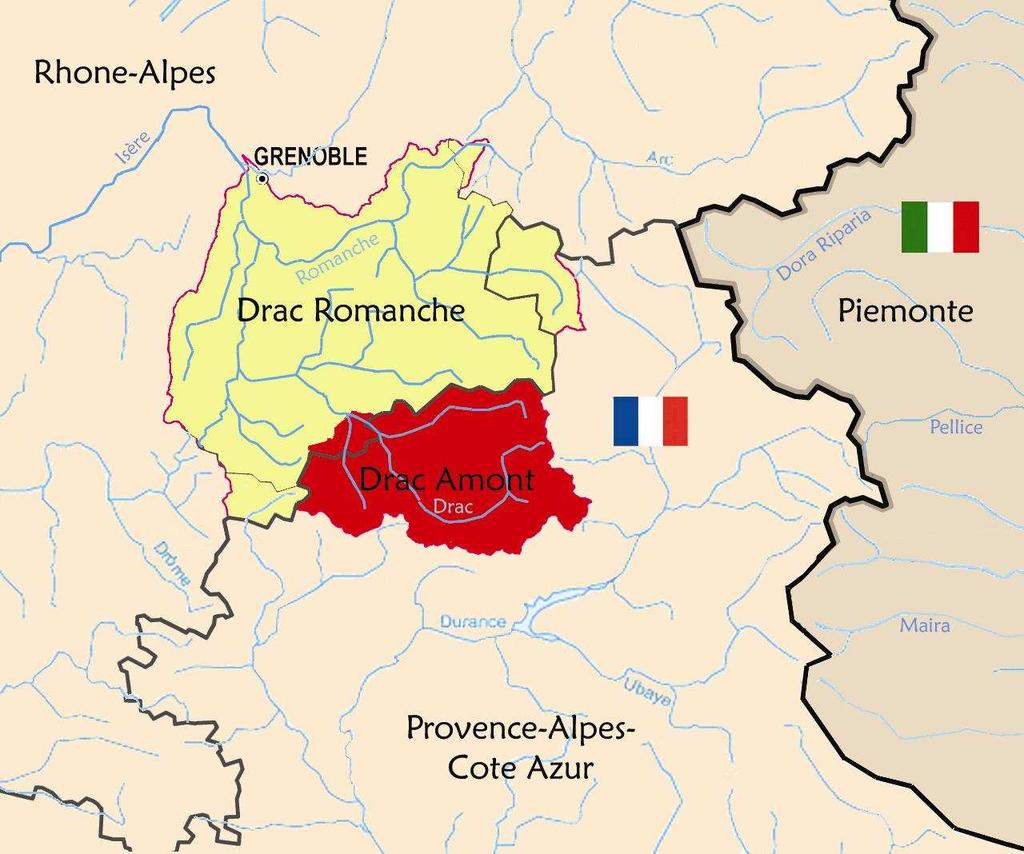 IL DRAC AMONT Il fiume Drac attraversa due regioni: Rhône-Alpes e Provence-Alpes-Côte Azur La gestione delle sue acque è regolata da due diversi SAGE (Schéma d Aménagement et de Gestion des Eaux): -