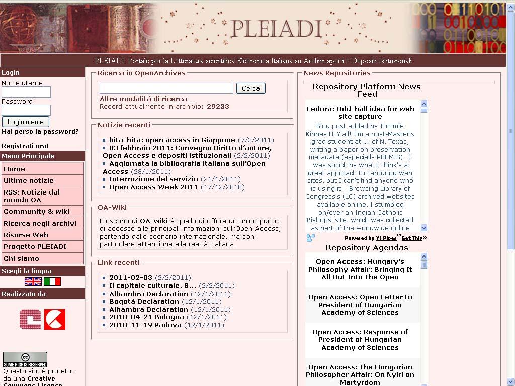 Portale PLEIADI PLEIADI Portale per la Letteratura scientifica Elettronica Italiana su Archivi aperti e Depositi