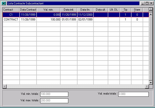 8.3.1. Interfaţa Listã Contracte Filtrul folosit pentru aceastã listã este Filtru Contracte Subcontractant. Contract Val. min. Data init. Data fin. Data ult. plãţi Ult. DL Tip Contr. Stare contr.