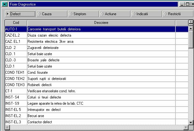 10.2. FIŞIER DIAGNOSTICE 10.2.1. Interfaţa Element Acest radio-buton specificã lista cãrui element va fi afişatã: Defect Cauza Simptom Remediu Indicaţii Restricţii Vor fi afişate Defectele Vor fi