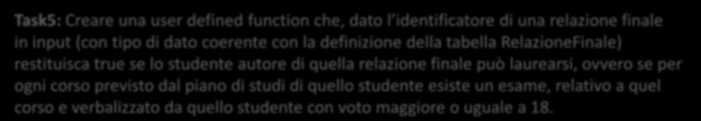 Task5: Creare una user defined function che, dato l identificatore di una relazione finale in input (con tipo di dato coerente con la definizione della tabella RelazioneFinale) restituisca true se lo