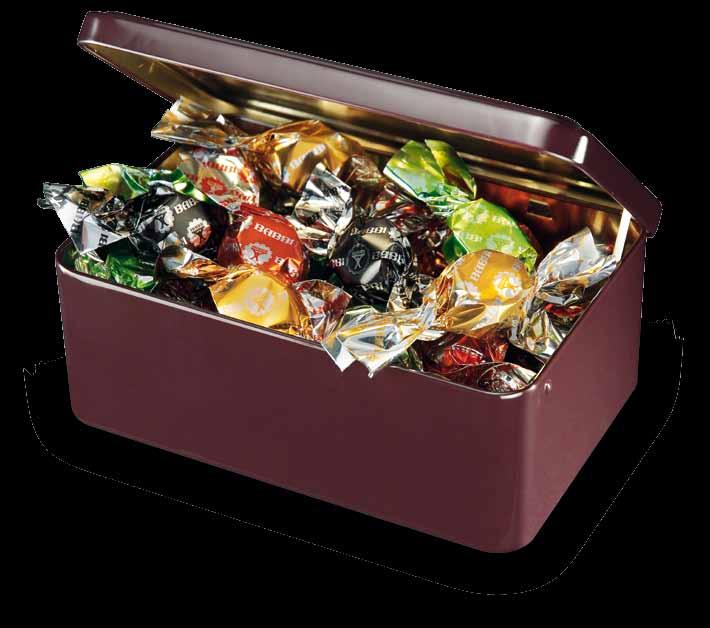 Elegant and simple, the chocolate-colored tin contains the mixed Bon Bon BABBI pralines, making it a