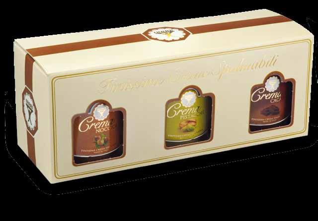 Creme Spalmabili Regalo Le finissime Creme Spalmabili sono presentate in due originali ed eleganti cofanetti regalo: il primo contiene 4 vasetti da 150g di Crema Cacao, Nocciole, Caffè e Pistacchi,