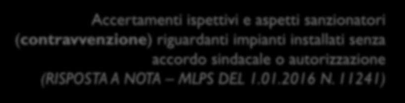 Accertamenti ispettivi e aspetti sanzionatori (contravvenzione) riguardanti impianti installati senza accordo sindacale o autorizzazione (RISPOSTA A NOTA MLPS DEL 1.01.2016 N.