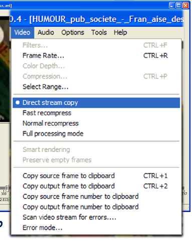 Preparare il rendering del filmato con VirtualDub Menu Video Direct stream copy