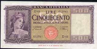 800 500 Lire - Italia 20/03/1947 - Alfa 544; Lireuro 39A -