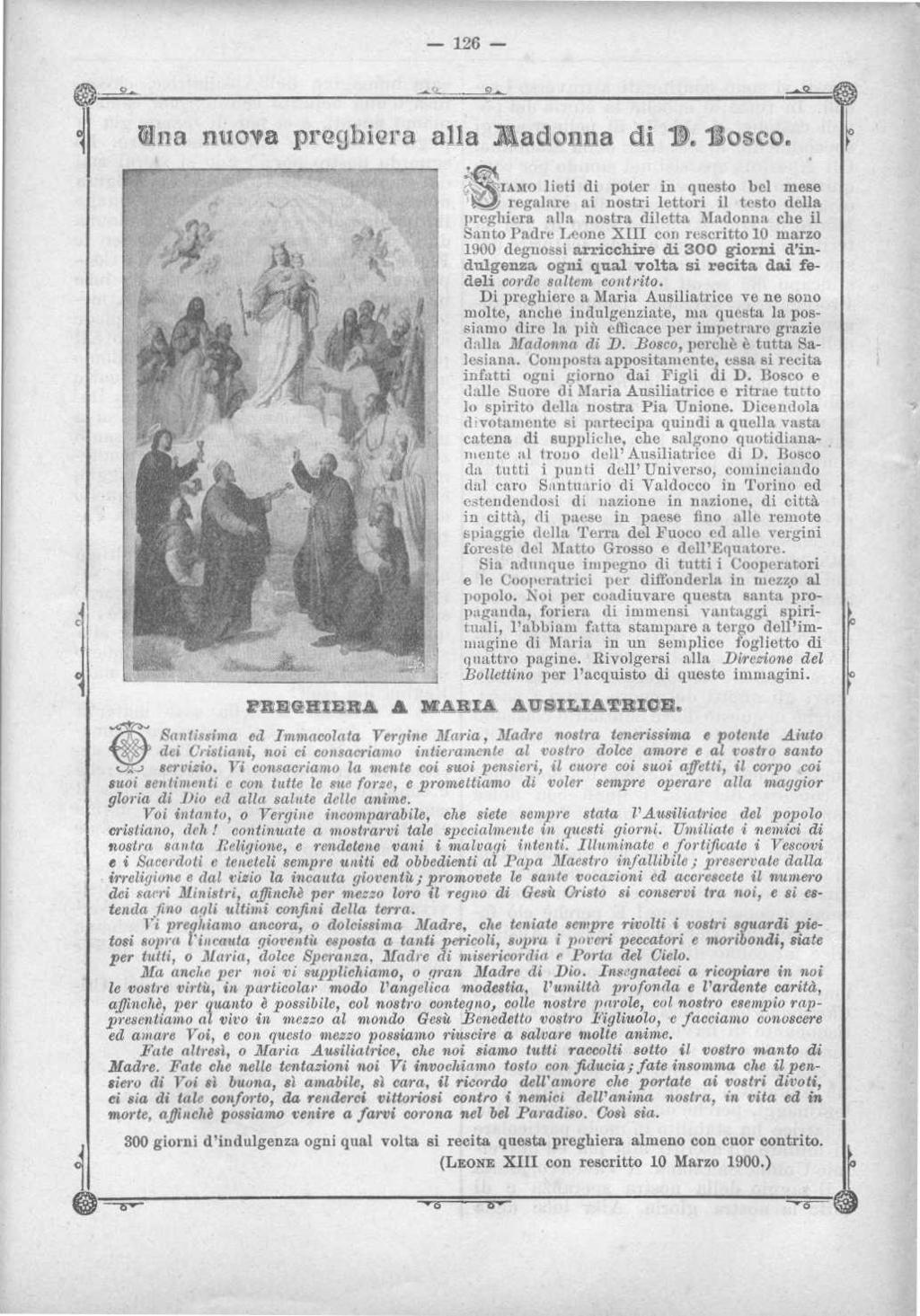 Bollettino Una nuova preghiera alla Madonna di D Bosco SIAMO lieti di poter in questo bel mese regalare ai nostri lettori il testo della preghiera alla nostra diletta Madonna che il Santo Padre Leone