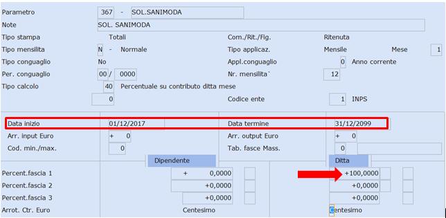 Il parametro contributivo Solidarietà SANIMODA: Al campo <Tipo Calcolo> inserire 40 Percentuale su contributo ditta mese Al campo <Codice Ente> inserire 1 INPS Al campo <Percent.