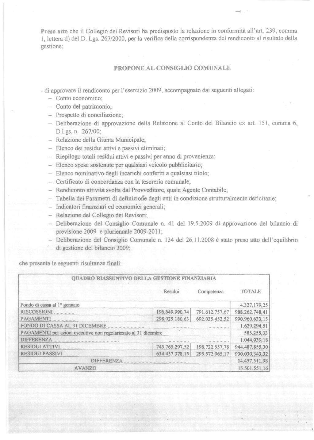 Preso atto che il Collegio dei Revisori ha predisposto la relazione in conformità all' art. 239, comma 1, lettera d) del D. Lgs.