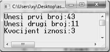 PRIMJER 5b PRIMJER 6! Zbog toga što su operandi tipa int i rezultat izraza je tipa int (43/11=3). Po izračunu, rezultat (3) se pridružuje varijabli kvocijent koja je po tipu float (3.0).