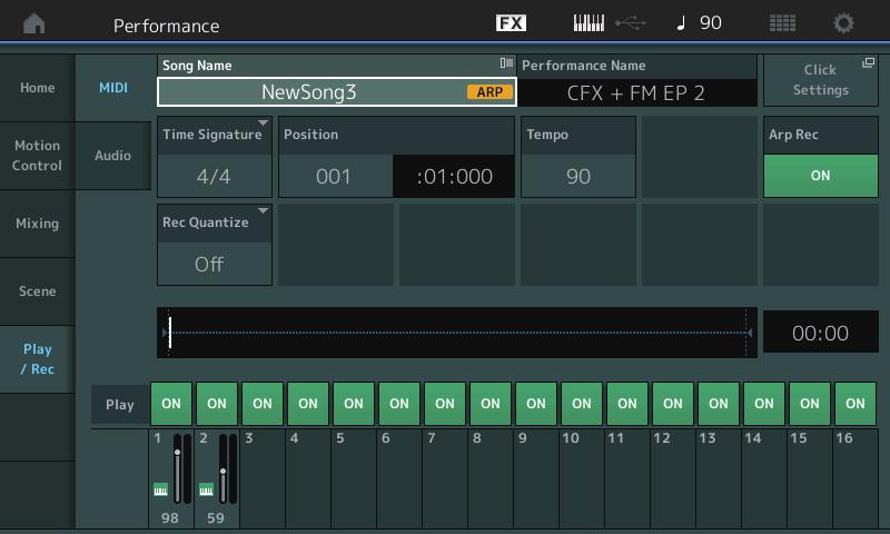 Play/Rec Play/Rec MIDI Quando si registrano le song, è possibile selezionare se registrare soltanto la performance da tastiera oppure quanto trasmesso dall'arpeggiatore.