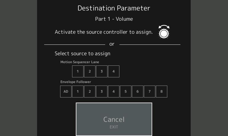 Finestra di dialogo Control Assign Nella finestra di dialogo visualizzata quando il parametro Part è selezionato e il pulsante [CONTROL ASSIGN] viene premuto, è ora possibile selezionare la knob