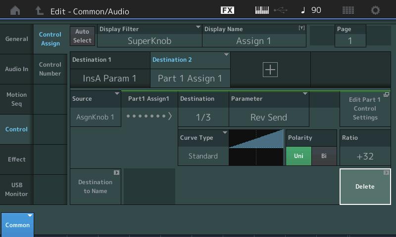Edit (Modifica) - Common/Audio (Comune/Audio) Control (Controllo) Control Assign È ora possibile impostare la Super Knob su "Display Filter" (Filtro display).