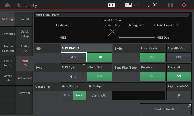Utility (Utilità) Settings (Impostazioni) MIDI I/O (I/O MIDI) Ora è possibile controllare la Super Knob mediante i messaggi MIDI Control Change (Modifica controllo).