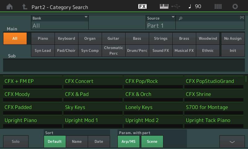 Category Search (Ricerca per categoria) Ricerca per categoria delle parti Ora è possibile selezionare qualsiasi parte in una performance e assegnare il suono della parte a un'altra.