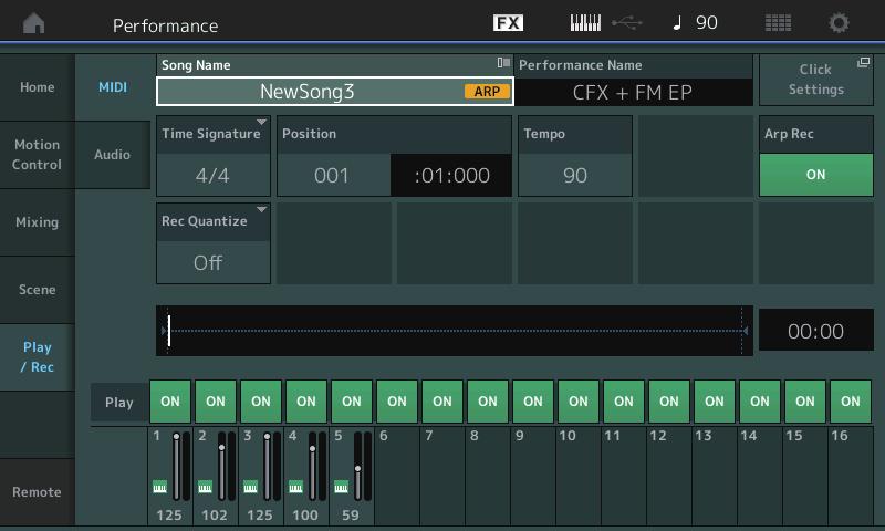 Play/Rec Play/Rec MIDI Quando si registrano le song, è possibile selezionare se registrare soltanto la performance da tastiera oppure quanto trasmesso dall'arpeggiatore.