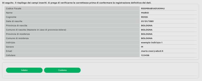 Di seguito il form di registrazione con un esempio di compilazione: Dopo aver compilato tutti i campi richiesti e cliccato il bottone Registrati, il sito propone un riepilogo dei dati inseriti per