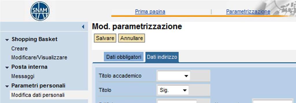 Modificare parametri utente La seconda cartella, Dati indirizzo,