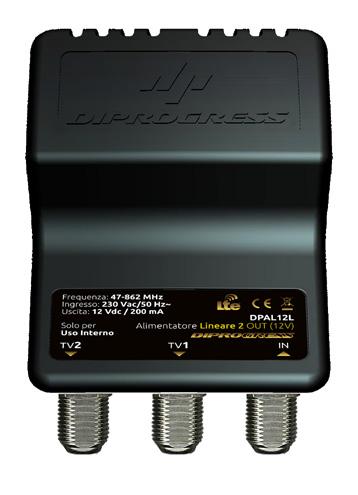 Alimentatori 12V per centralini da palo DPAL12S: Alimentatore di tipo Switching 12V per centralini da palo; Erogazione corrente via connettore RF fino a 200mA; doppia uscita, partitore integrato, per