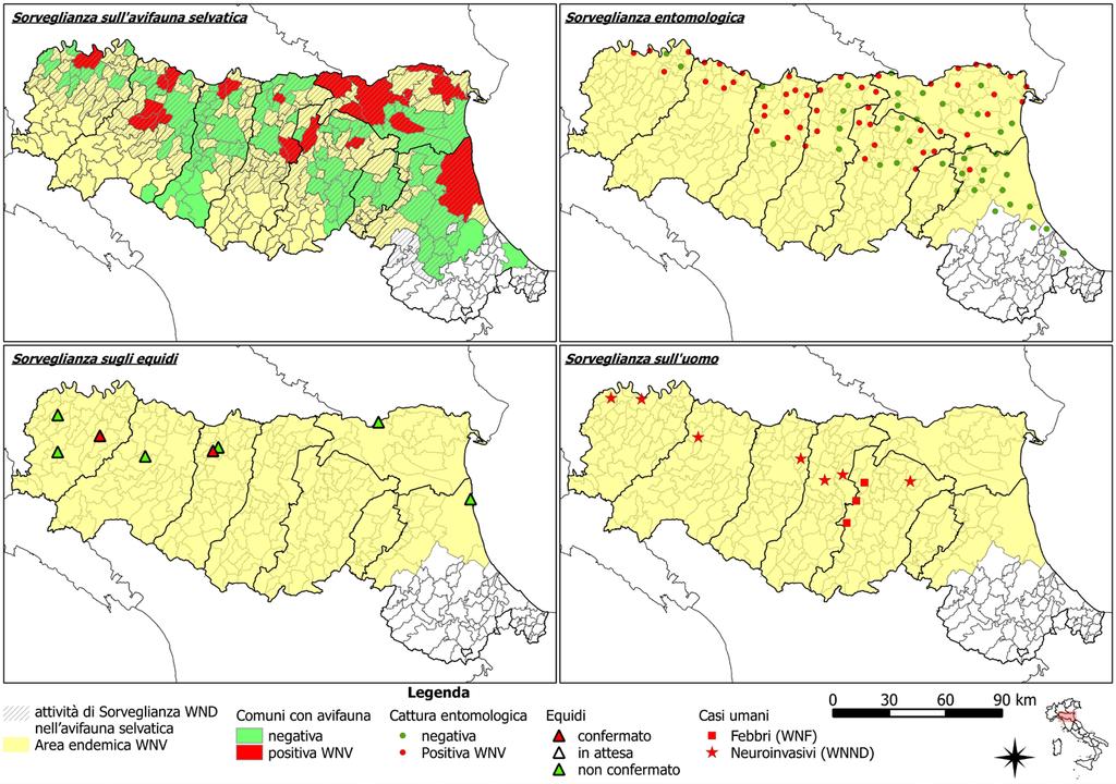 Fig. 1.2. Mappe riepilogative delle attività di sorveglianza WND in Emilia-Romagna. 2014 In figura 1.