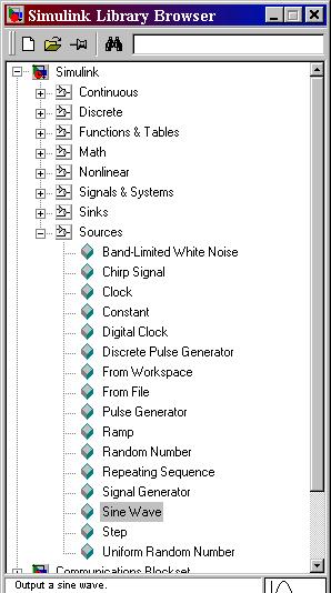 a) Estrazione dei blocchi necessari dalle librerie Simulink Sorgente di segnale sinusoidale a)