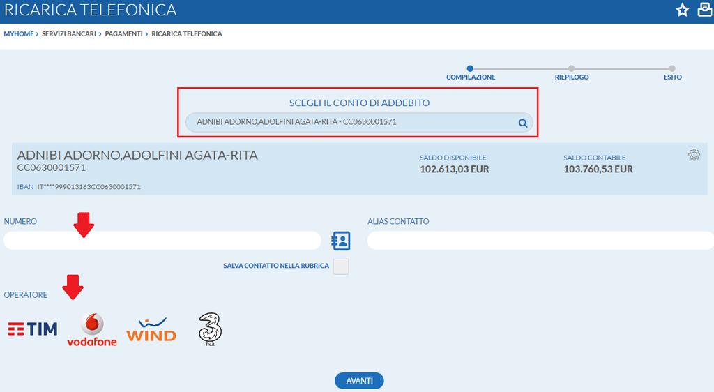 6.4.5 Ricarica telefonica È la funzione che permette di eseguire Ricariche telefoniche indicando il gestore della telefonia ( Operatore ), il numero di telefono cellulare ed il taglio della ricarica.