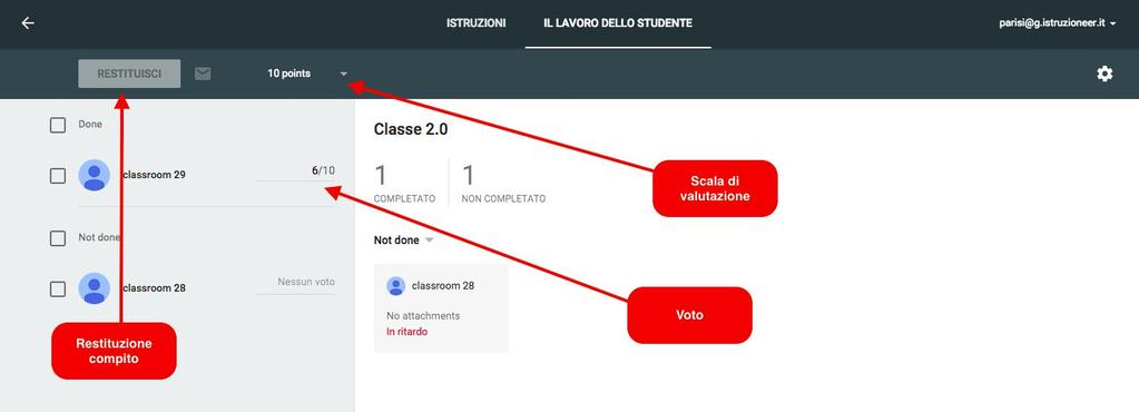 restituzione. Cliccando sul compito comparirà la lista degli studenti con l indicazione dello stato del lavoro, ossia consegnato o non consegnato.