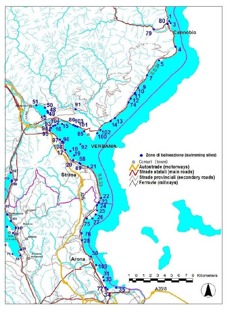 2.1. LAGO MAGGIORE 2.1.1. Qualità delle acque di balneazione La stagione balneare 2013 si è aperta con il giudizio positivo di balneabilità su tutte le 51 zone del lago Maggiore monitorate ed evidenziate nella Figura 2.