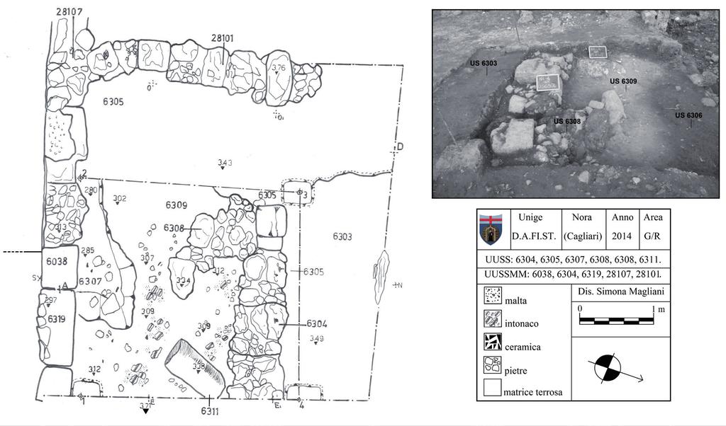 Fig. 1 - Nora, Area G/R. Inizio scavo (foto e rilievo di S. Magliani).