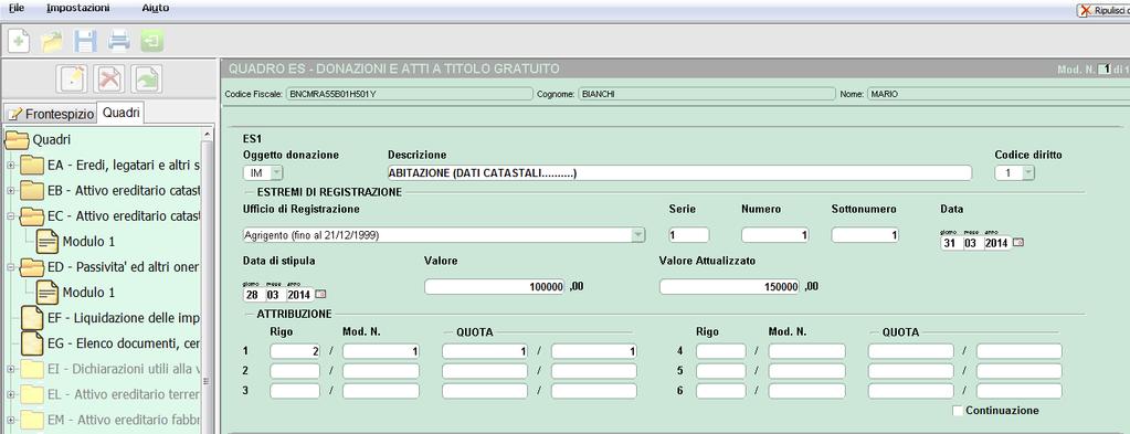 Quadro ES Precedente donazione Per calcolo