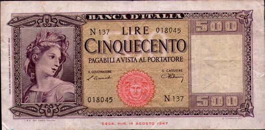 5442 500 Lire - Italia 10/02/1948 - Alfa 545; Lireuro 39B R - Einaudi/ Urbini - Minima ondulazione qfds 170 5448 1.