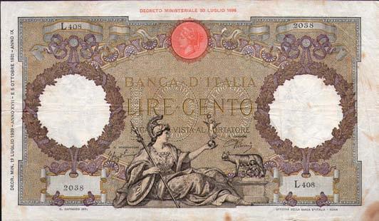 Traccia di nastro adesivo al D/ BB 20 5402 100 Lire - Capranesi 17/05/1943 - Fascio - Alfa 416;