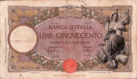 5412 500 Lire - Capranesi 19/08/1940 - Fascio I tipo - Alfa 519; Lireuro 29T -