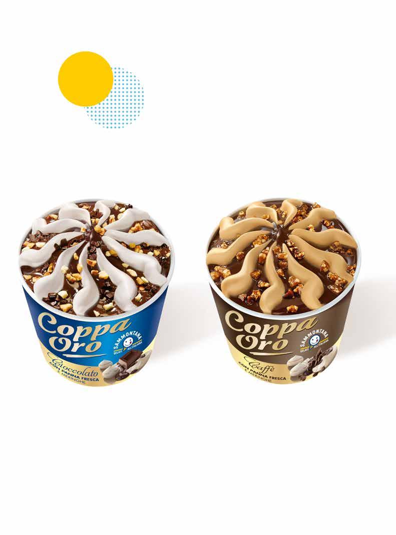 CIOCCOLATO CAFFÉ Gelato al gusto vaniglia con panna fresca, variegatura al cioccolato su letto di meringhe e decorazione di granella di nocciola pralinata, amaretto e scagliette