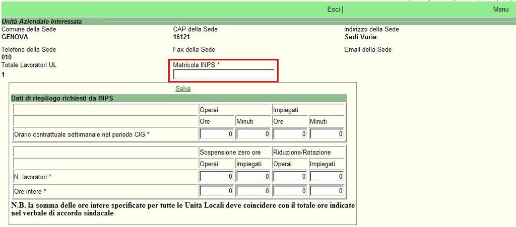 Pag. 16/26 Figura 15 Al termine dell inserimento cliccare prima su Salva, quindi su Esci; si tornerà quindi alla videata del modulo di inserimento.