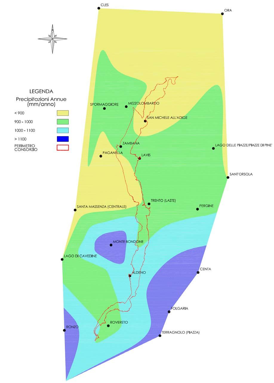 La carta delle isoiete evidenzia altezze medie annue di precipitazione, all interno dei confini del territorio gestito dal Consorzio Trentino di Bonifica comprese tra gli 850 mm e i 1050 mm.