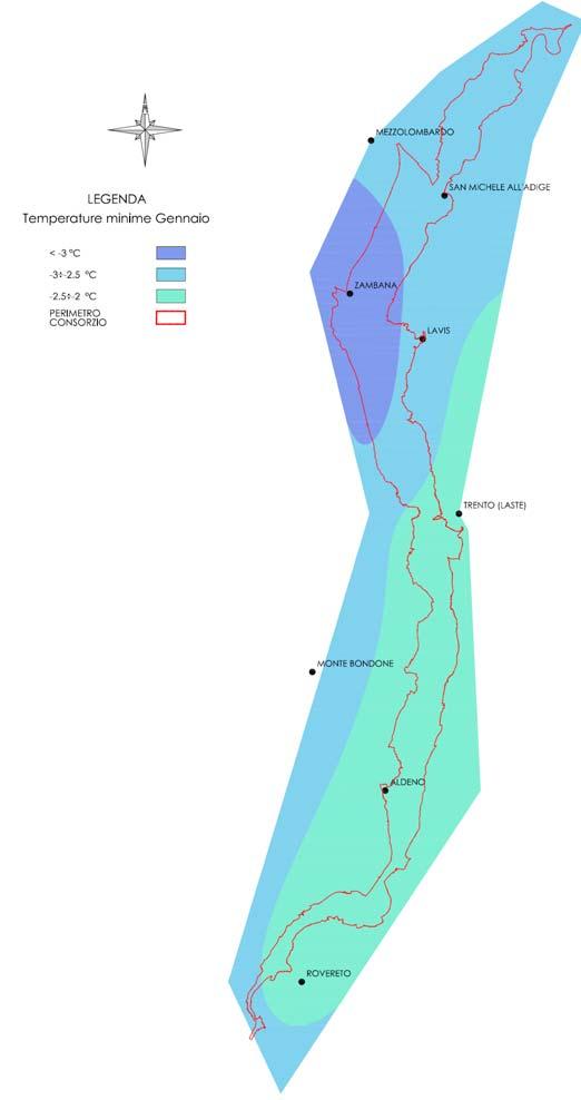 7.2 Le temperature Nel comprensorio del Consorzio Trentino di Bonifica, i valori medi delle temperature minime del mese di gennaio oscillano tra -3.5 C e -2.1 C (Figura 10).