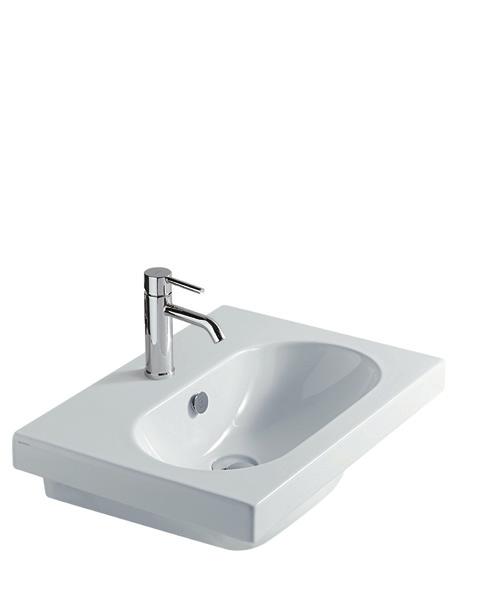 60 x 42 Lavabo 60x42xh19 cm, sospeso monoforo predisposto 3 fori. Bacino centrale. Fissaggio incluso. Wall-hung washbasin 60x42xh19 cm, 1 hole pre-arranged 3 holes. Central basin. Fixing kit included.