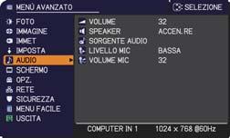 Menu AUDIO 52 Menu AUDIO Il menu AUDIO consente di selezionare le voci elencate nella tabella qui sotto riportata.