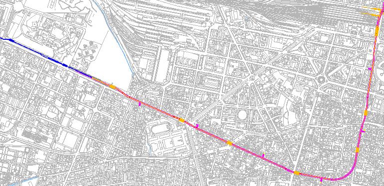 LINEA 1: TRACCIATO 2/4 PRATI DI CAPRARA progr. 7+353,02 STAZIONE FS progr. 3+409,37 OSPEDALE MAGGIORE progr. 6+903,41 MALVASIA progr.